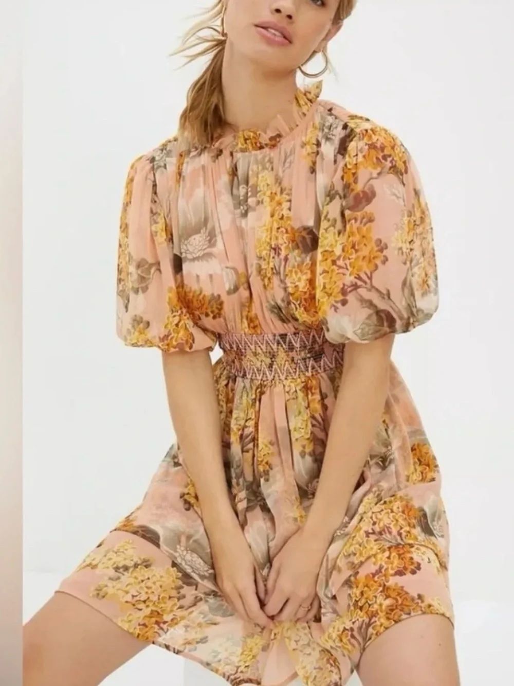 Floral Puff-Sleeve Smocked Waist mini  Dress in Blush
